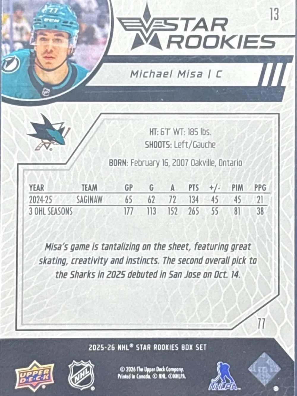 Upper Deck Star Rookies Michael Misa Trading Card